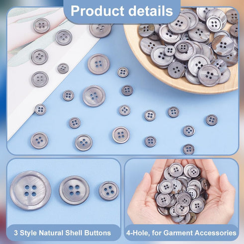 PH PandaHall 100pcs Natural Shell Buttons, 4-Hole Sewing Buttons 10/15/20mm Round Shell Buttons Grey Craft Seashell Buttons for Cloth Coats Suits ...