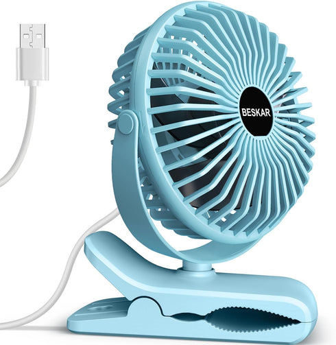 BESKAR Clip on Fan, Portable Small Desk Fans with Strong Airflow, 3 Speeds with Personal Fans Sturdy Clamp, Quiet Desk Fan & Clip Fan with USB Cor...
