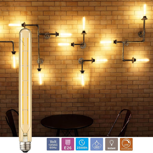 Leools T300 Led Long Bulbs,12W Dimmable Tubular Bulb,100 Watt Equivalent,E26 Edison Style Vintage LED Filament Light Bulb,Amber Glass,2700K Warm W...