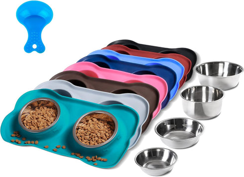 Hubulk Pet Dog Bowls 2 Stainless Steel Dog Bowl with No Spill Non-Skid Silicone Mat + Pet Food Scoop Water and Food Feeder Bowls for Feeding Small...