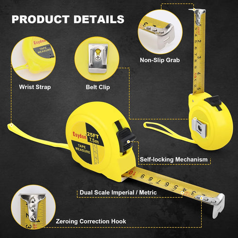 2 Packs Tape Measure 25 ft /16 ft, Esydon Measuring Tape Extendable, Self-Locking Tape Measurer, Easy Read Imperial/Metric Scale Measurement Tape ...