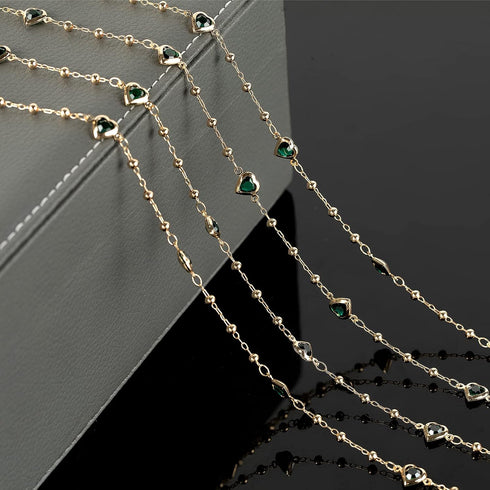 YOUBEIYEE Green Rhinestone Heart Chain for Jewelry Making, Gold Plated Brass Ball Bead Necklace Chain Bulk with Junp Rings and Lobster Clasps...