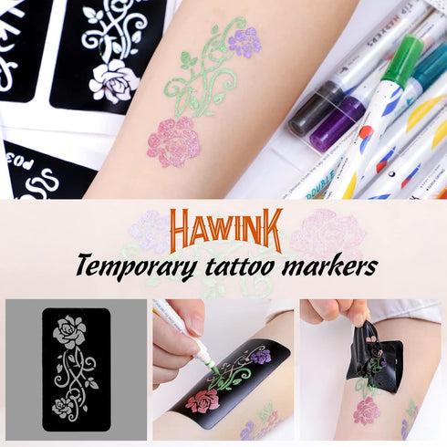 HAWINK Temporary Tattoo Markers for Skin, 10 Body Markers + 56 Large Tattoo Stencils for Kids and Adults, Dual-End Tattoo Pens Make Bold and Fine ...
