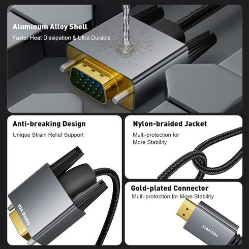 HDMI to VGA Cable Adapter 3.3FT |Anti-Interference Gold-Plated Plugs| 1080P Aluminum HDMI Source to VGA Display Braided Cord (Male to Male) for PC...