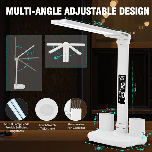 LED Desk Lamp Light with 2 Pen Holders, Time, Date, Temperature Display, Dimmable, 3 Color Modes, Touch Control, Foldable,Eye-Caring Table Lamp fo...