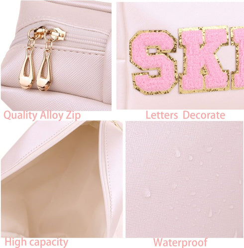 Preppy Patch Cosmetic Toiletry Bag for Women Girls SKIN Letters PU Leather Portable Makeup Bag Zipper Pouch Storage Purse Waterproof Organizer for...