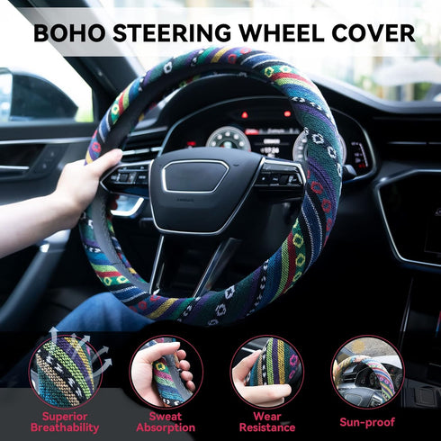 Boho Steering Wheel Cover Elastic Microfiber for Women, Universal Fit 15 inch Car SUV, Hippie Style Protector Cover, Anti-Slip, Breathable, Absorb...