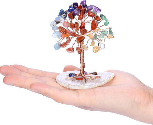 Jovivi Natural 7 Chakra Healing Crystals Tree on Agate Slice Base Healing Stones Gem Money Tree for Feng Shui Home Office Table Decorations...