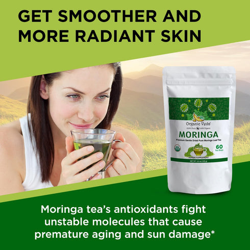 Organic Veda Moringa Tea Bags - 100% Pure Organically Grown Original Green Leaves Moringa Powder Rich in Vitamins, Amino Acids, Antioxidants - Veg...