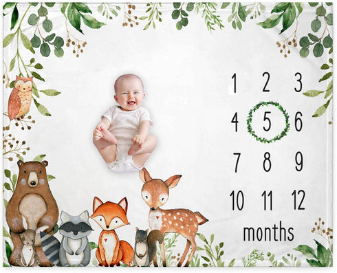 Woodland Baby Monthly Milestone Blanket, Woodland Animals Baby Growth Chart Monthly Blanket, Watch Me Grow Baby Woodland Forest Nursery for New Mo...