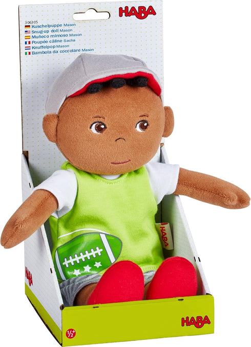 HABA Snug Up Soft Doll Mason- 11.5" Soft Boy Doll with Black Hair (Machine Washable)...