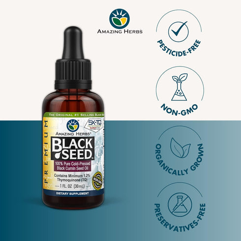 Amazing Herbs Premium Black Seed Oil - Cold Pressed Nigella Sativa Aids in Digestive Health, Immune Support, Brain Function, Joint Mobility, Glute...