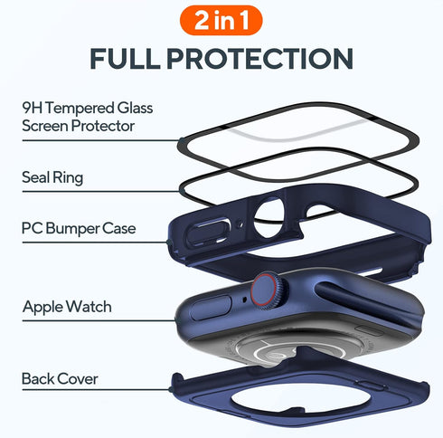 2 Pack 2 in 1 Waterproof Case for Apple watch Series SE SE2 6 5 4 44mm, Straight Edge PC Front & Back Bumper with Tempered Glass Screen Protector ...