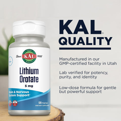 KAL Lithium Orotate 5 milligrams | Low Serving Of Chelated Lithium Orotate For Bioavailability and Mood Support | In Organic Rice Bran Extract Bas...
