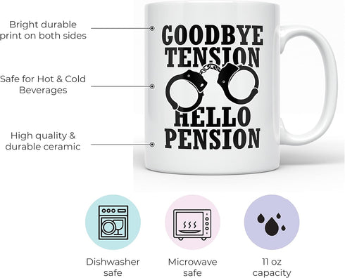 YouNique Designs Goodbye Tension Hello Pension - 11 Oz Portable Coffee Mug, Police Officer Retirement Gift for Men Women, Correctional Officer Cup...