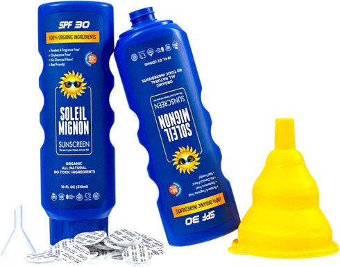 Leakproof Hidden Flask - 2 Secret Sunscreen Flasks For Liquor - Large 10oz Empty Alcohol Containers & 100 Foam Seals & Collapsible Funnel | Hard P...