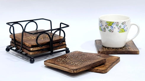 StonKraft Wooden Tea Coffee Coasters/Rustic Vintage Look Coasters Set with Wrought Iron Holder...