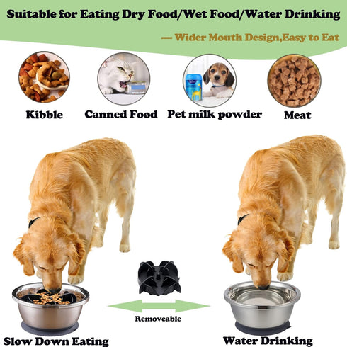 2-in-1 Slow Feeder Dog Bowl with Anti-Slip Silicone Base, 50.7oz, Stainless Steel, for Small to Medium Dogs...
