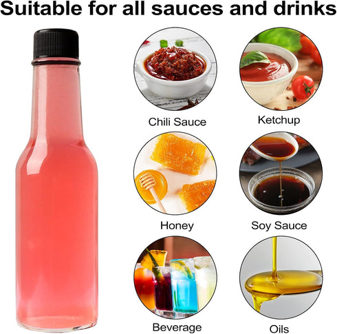 30 Pack Hot Sauce Bottles, 5oz Clear Woozy Bottles with Leak Proof Black Screw Caps and Snap On Dripper Inserts, Empty Beverage Bottles with Label...