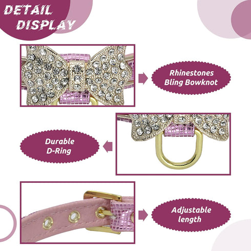 Rhinestone Cute Dog Collar Bow Tie Diamond Bling Puppy Collar Durable Adjustable Pet Collar for Small Medium Dogs Cats...