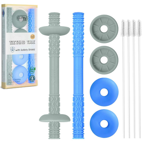 Giftty Teething Tube with Safety Shield Baby Hollow Teether Sensory Toys Gum Massager, Food-Grade Silicone for Infant 3-12 Months Boys Girls, 1 Pa...