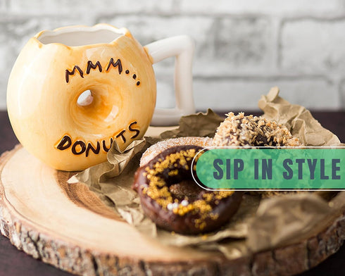 Ceramic Donut Mug - Delicious Chocolate Glaze Doughnut Mug with Sprinkles - Funny "MMM... Donuts!" Quote - Best Cup For Coffee, Tea, and More - La...