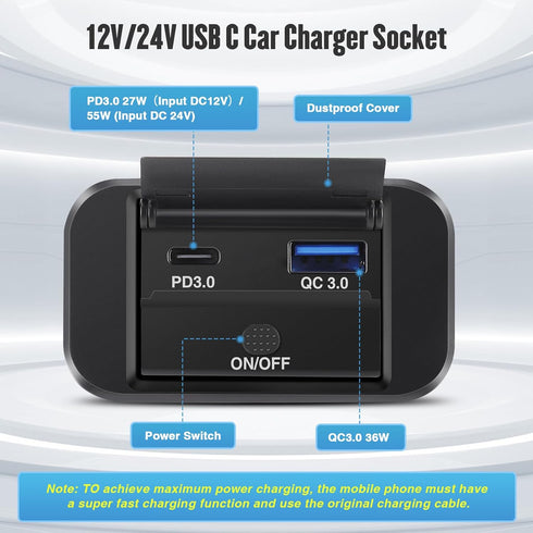 12V RV Type C USB Outlet with Power Switch 36W QC3.0 USB & 55W PD Type C Quick Charge Socket 12V 24V Car Charger RV Switch Panel Car Charger with ...