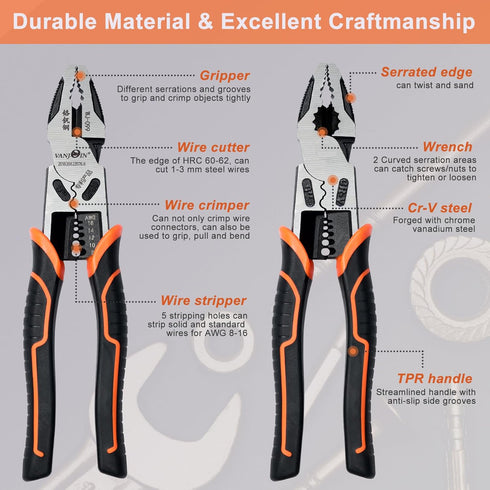 Lineman Pliers, 9-inch High Leverage Linesman Pliers, 6-in-1 Combination Lineman Pliers, Heavy Duty Side-cutting Pliers with Screw Remover/Wire St...