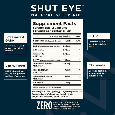 Shut Eye Natural Sleep Aid Supplement for Adults | 5mg Melatonin | Helps Relax and Promote Natural Deep Sleep with Valerian Root, Chamomile & Magn...