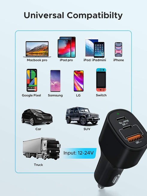 USB C Car Charger 60W Key Power Fast Car Charge USB-C Car Charger Adapter - Dual USB-C and USB-A Ports with 30W & 22.5W Compatible with iPhone 12/...
