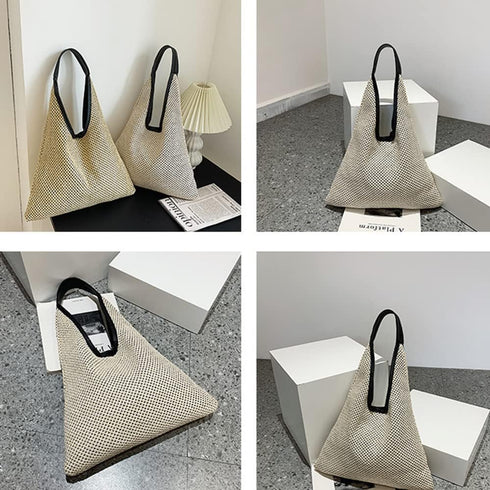 Hand-woven Straw Shoulder Bag Boho Black Leather Top Handle Tote Retro Summer Beach Bag Holiday Travel Handbag...