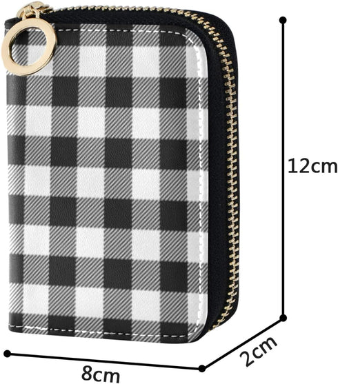 White Black Check Plaid RFID Credit Card Wallet, Microfiber Leather Zipper Card Case Holder for Women...