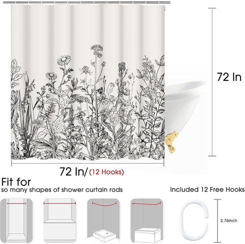 Emvency Shower Curtain Floral Border Herbs and Wild Flowers Botanical Vintage Engraving Light Grey Background Black Waterproof Polyester Fabric 72...