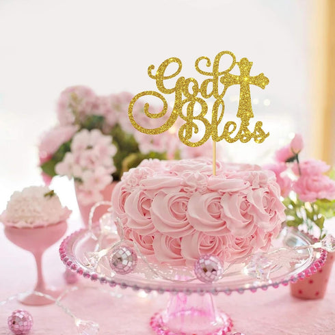 WeBenison God Bless Cake Topper Gold Glitter First Communion Baby Shower Party Decorations Bless This Child/Gold Glitter...