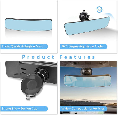 12" Large Convex Rear View Mirror, Suction Cup Anti-Glare Rearview Mirror Blue Mirror with Panoramic Wide Angle Mounted on Windshield for RV Marin...