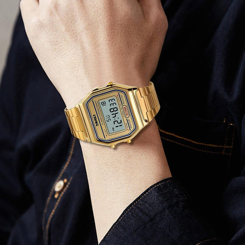 FANMIS Women's Men's Digital Electronic Square LED Sports Watch Multifunction Waterproof Daily Alarm Gold-Tone Watch...