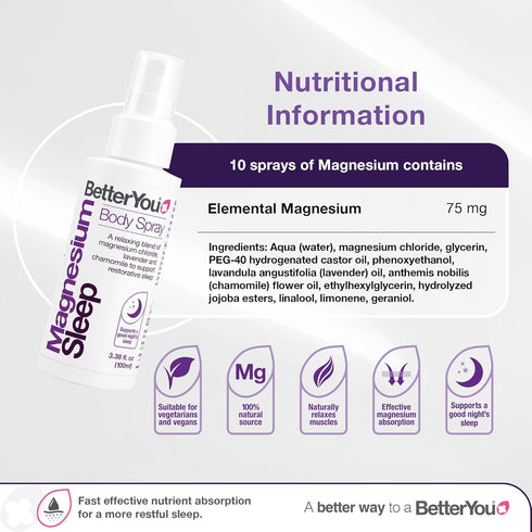 BetterYou Magnesium Sleep Body Spray - Relaxing Topical Magnesium and Essential Oil Spray - Lavender and Chamomile - Promotes Better Sleep - 3.38 ...