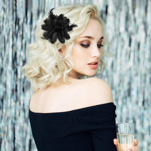 Black Ladies Feather Flower Hair Clip Elegant Hat Flower Mesh Ribbons Brooch Pin Hair Accessory Fascinator Headwear Floral Corsage for Women and G...