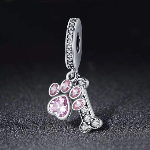 Dog Paw Charm Fit for Pandora Charms Bracelet Pink Crystals Dangle Charms Birthday Jewelry Gifts for women...