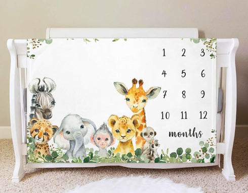 Safari Animals Milestone Blanket, Jungle Baby Growth Chart Monthly Blanket, Watch Me Grow Jungle Wild Baby Nursery for New Moms Baby Shower(50"x40...