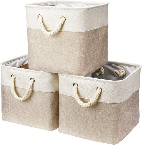 Robuy 3 Pack Storage Cube Bins Collapsible Sturdy cationic Fabric Storage Basket with Cotton Rope Handle For Organizing Shelf Nurery Home Colset 1...