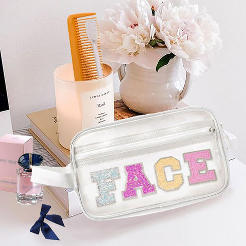 Clear Preppy Patch Makeup Bag Cosmetic Pouch with Glitter Bling Letters for Women Teen Girls Sister, Make Up Travel Stuff Organizer Cute Stylish T...
