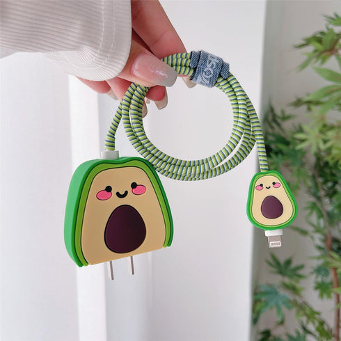 3D Cute Cartoon Charger Protector Case - Compatible for Apple 20W USB-C Power Adapter and Lightning Cable (Green Avocado)...