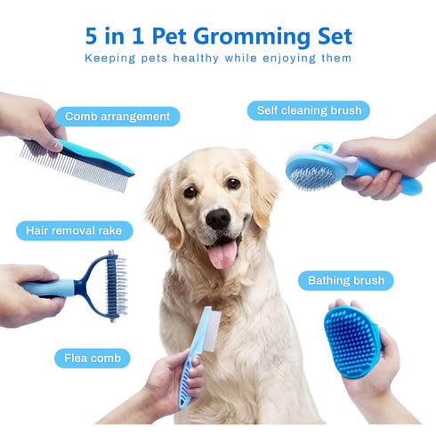 5-in-1 Dog Brush Grooming Kit - Dog Grooming Supplies Dog Dematting Rake for Shorted Haried Dogs, Bath Brush For Long Hair Dogs And Dematting Comb...