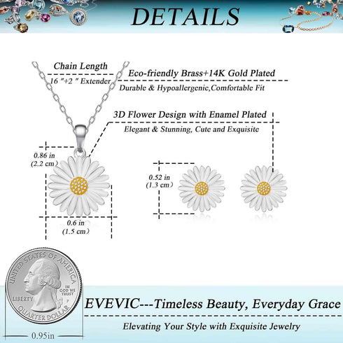 EVEVIC Rose Flower Necklace Earrings Set for Women 18K Gold Plated Hypoallergenic Jewelry Sets (White Daisy/Silver-tone)...