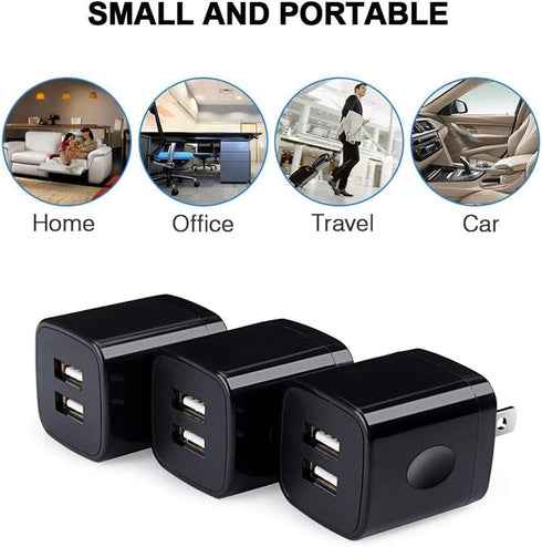 Black USB Wall Adapter, Charging Block, 3Pack Dual Port 2.1A Fast Wall Charger Brick Base Cube USB Plug Outlet Phone Charger Box for iPhone 16e 16...