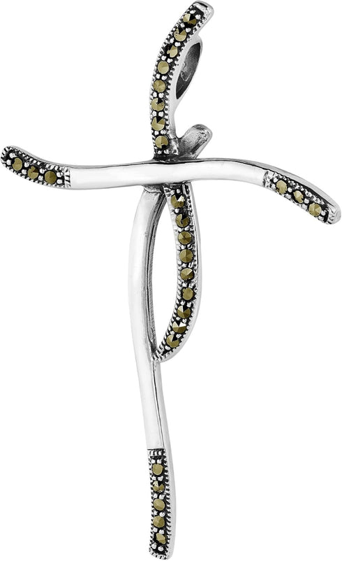AeraVida Modern Wavy Cross Marcasite Style Pyrite .925 Sterling Silver Pendant | Minimalist Christian Cross Pendant | Unisex Pendant...