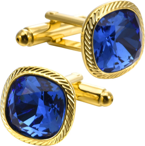 Blue Zircon Gemstone Cufflinks for Men Lady In Gift Case 14K Gold Plated Square Men's Cufflinks Jewelry Set for Wedding Anniversary Business Party...