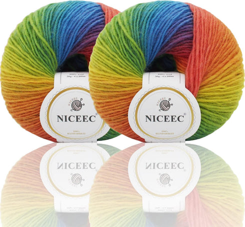 2 Skeins Rainbow Soft Yarn 100% Wool Gradient Multi Color Yarn for Crocheting Knit Total Length 180m×2(196yds×2,50g×2)-11......