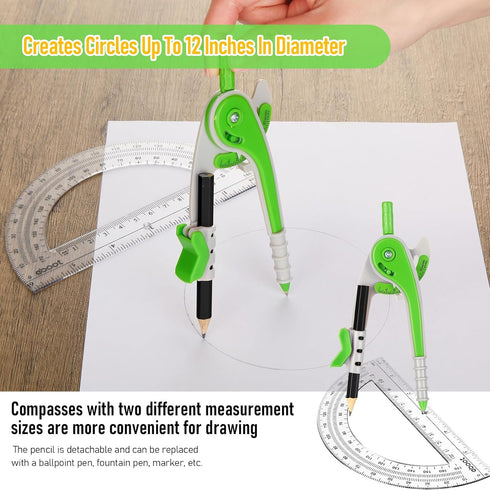 EBOOT Student Geometry Math Set, Drawing Compass and 6 Inch Clear Swing Arm Protractors 180 Degree Math Protractor (Green)...